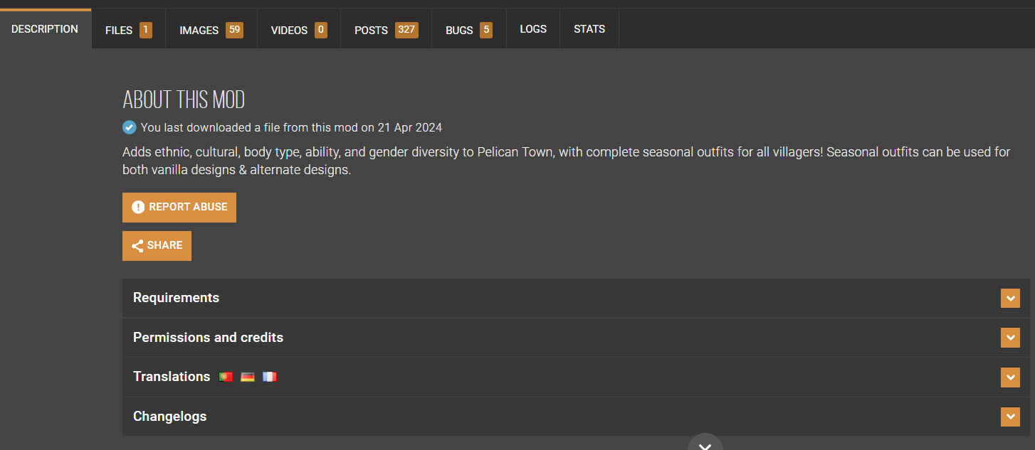 A screenshot of the description tab on Nexus Mods. The screenshot includes the other tabs, the about, and the requirements and permissions dropdown menus.